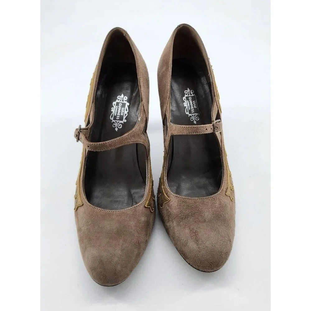 Lulu Guinness Women's Leather Slip On Mary Jane Pump Heels Tan Suede EUR 38 US 7